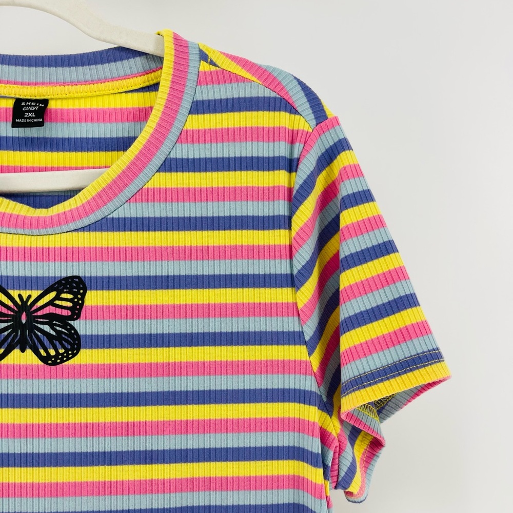 Shein Pastel Rainbow Stripe Stretch Ribbed Knit Butterfly Dress, Women's 2X - Picture 3 of 6